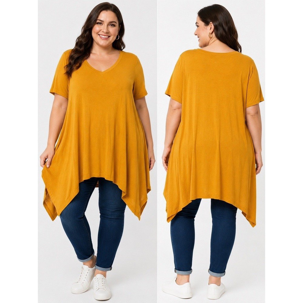 B+B Mustard Yellow Tunic Top Women's 3XL Rayon Spandex V Neck Sharkbite Hem